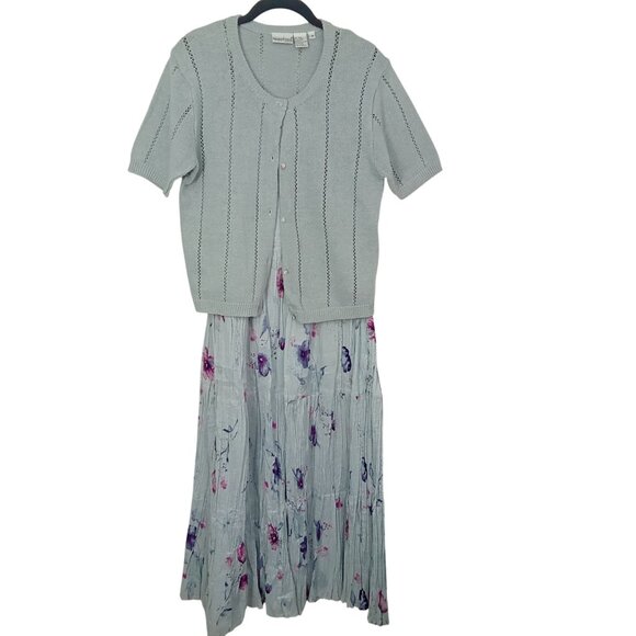 Vintage 90s 2-pc Set Floral Tank Dress & Cardigan Sweater Knit Linen Cotton M/L - Picture 4 of 15